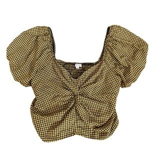 Rabbit Rose Gingham Twist Front Puff Sleeve Crop Top Yellow Black XL J90411C08